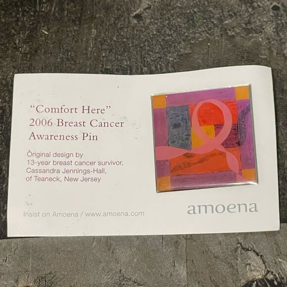 Amoena Jewelry - Vintage Breast Cancer Awareness Enamel Pin Square Amoena 2006 Pink Ribbon Brooch